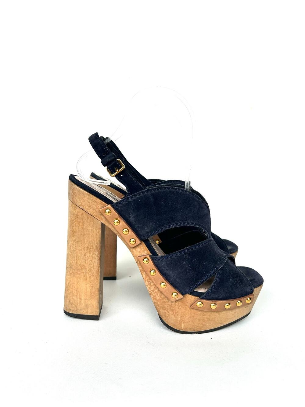 Vintage Y2K Miu Miu Archive Navy Blue Suede Wooden Platform Clog 37.5 Sandal 7.5